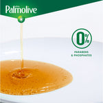 Golden-orange dish soap being poured onto a plate with a 0% parabens & phosphates badge and Palmolive logo