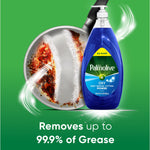 Palmolive Ultra Oxy bottle next to a greasy pan on a green background with claim about removing grease