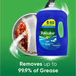 Palmolive Ultra Oxy refill bottle beside a partially cleaned greasy pan on a green background with cleaning claim