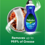 Single Palmolive Ultra Oxy dish liquid bottle next to a partially cleaned greasy pan on green background