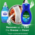 Marketing image showing Palmolive Ultra Oxy bottle beside a dirty pan and another generic dish liquid bottle with headline comparing grease removal