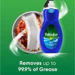 Palmolive Ultra Oxy bottle positioned next to a soapy frying pan on a green background with text claiming grease removal