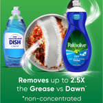 Palmolive Ultra Oxy bottle beside a competitor bottle and a dirty pan, infographic claims removing grease versus Dawn