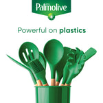 Palmolive branding above a container of green kitchen utensils with text 'Powerful on plastics' on a white background