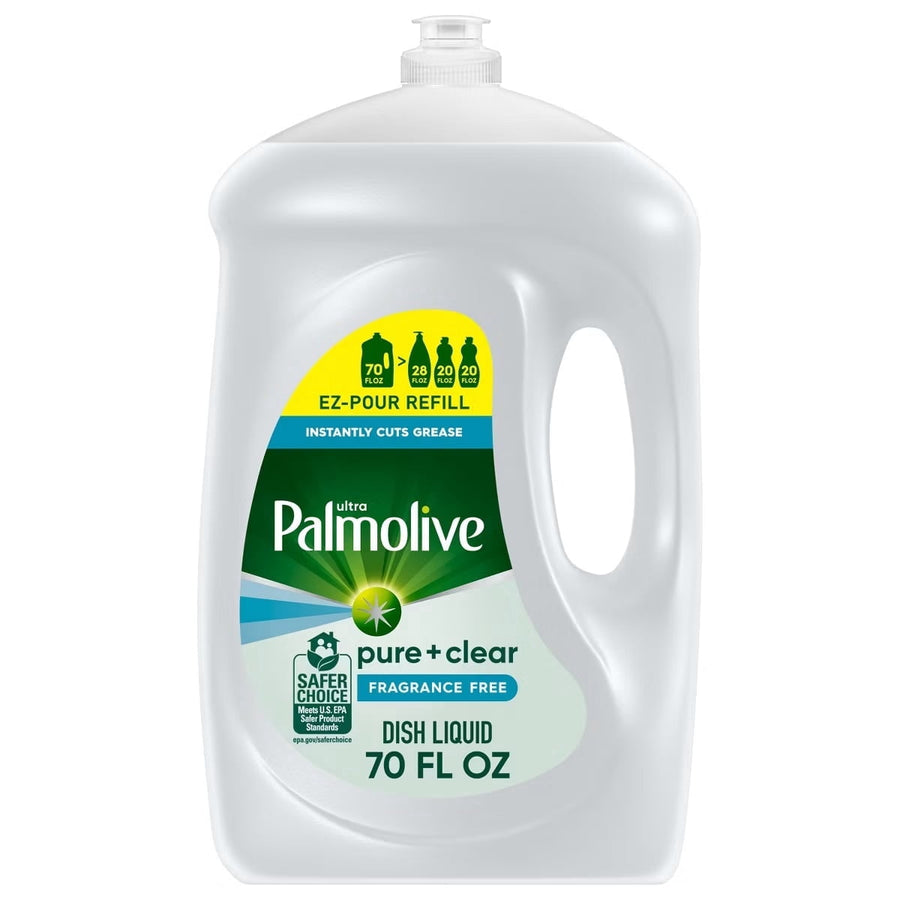 White Palmolive pure+clear dish liquid refill jug with green label and built-in handle