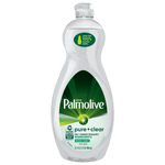 Isolated clear Palmolive pure+clear Spring Fresh bottle on white background showing front label and recycled plastic badge