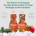 Promotional graphic showing two Palmolive limited edition bottles and text about seasonal package transition