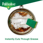 Top-down view of a greasy skillet being scrubbed with a green sponge and Palmolive logo above, text reads Instantly Cuts Through Grease