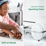 Split image of a child washing dishes by hand and a clean dish rack with text 'Leaves Dishes Sparkling Clean'