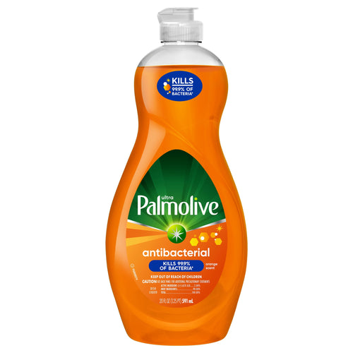 Single Palmolive Ultra antibacterial orange dish soap bottle on white background showing the label clearly