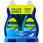 Two-pack Palmolive Ultra Oxy dish liquid in blue bottles with value 2 pack yellow sleeve and product details at bottom