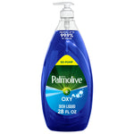 Clear pump bottle of Palmolive Ultra Oxy blue dish liquid with front label and 28 fl oz marking