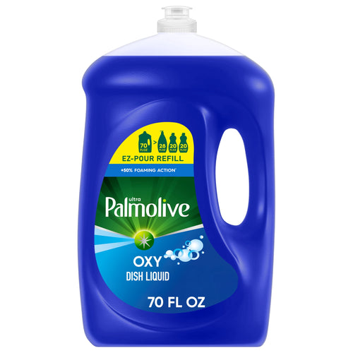 Blue Palmolive Ultra Oxy refill bottle with label and built-in handle, isolated on white