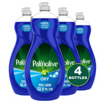 Four blue Palmolive Ultra Oxy dish liquid bottles grouped together with label and 4 bottles badge