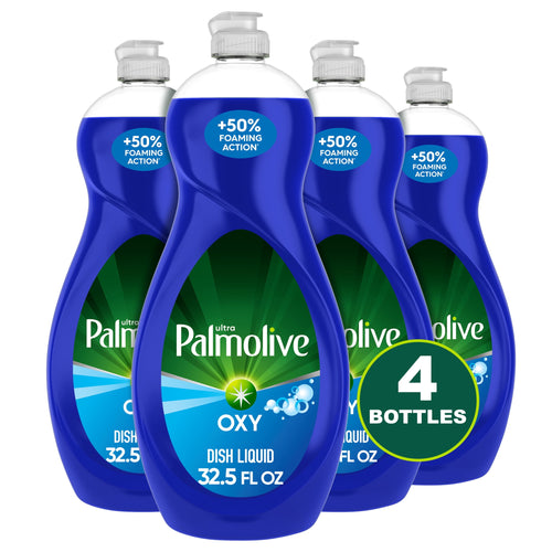 Four blue Palmolive Ultra Oxy dish liquid bottles grouped together with label and 4 bottles badge