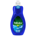 Single blue Palmolive Ultra Oxy dish liquid bottle with green label and clear flip-top cap on a white background