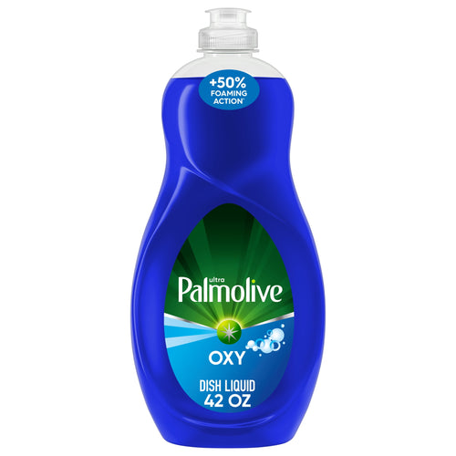 Single blue Palmolive Ultra Oxy dish liquid bottle with green label and clear flip-top cap on a white background