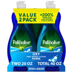 Two-pack of Palmolive Ultra Oxy dish liquid in blue bottles with a yellow value 2 pack sleeve and product branding