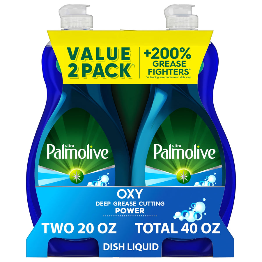 Two-pack of Palmolive Ultra Oxy dish liquid in blue bottles with a yellow value 2 pack sleeve and product branding