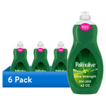 Six Palmolive Ultra Strength green dish soap bottles shown as a 6-pack with a large bottle in front on white background.