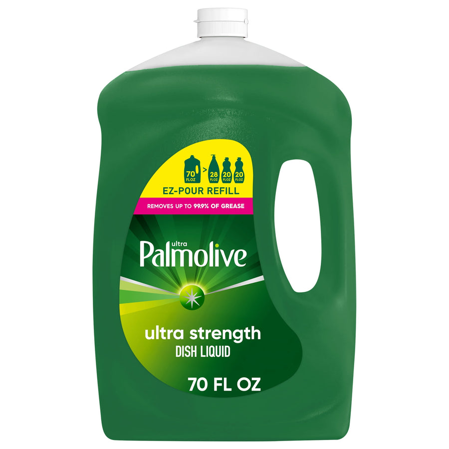 Green Palmolive Ultra Strength refill jug with label reading ultra strength dish liquid and 70 fl oz on a white background