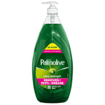 Green Palmolive Ultra Strength dish soap bottle with white pump on white background, front label showing strength claim