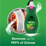 Palmolive Ultra Strength bottle beside a greasy frying pan with foamy cleaning streak and text claiming removes up to 99.9% of grease.