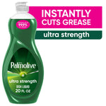 Green Palmolive Ultra Strength dish liquid bottle with pink claim panel and white background