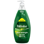 Tall green Palmolive Ultra Strength dish soap bottle with white pump and front label reading 28 fl oz