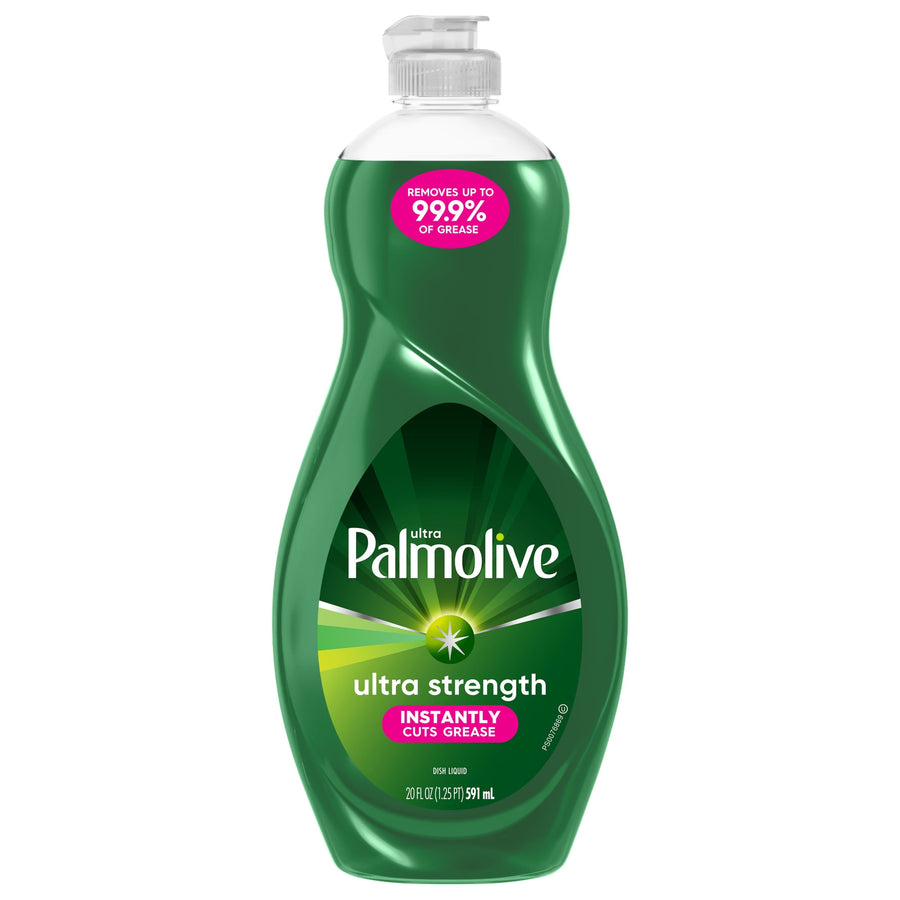 Isolated product shot of a green Palmolive Ultra Strength dish liquid bottle on a white background