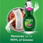 Palmolive Ultra Strength bottle next to a partially cleaned frying pan with text claiming removal of 99.9% of grease
