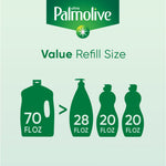 Palmolive branding with infographic comparing a 70 fl oz refill silhouette to three smaller bottle silhouettes labeled fl oz sizes