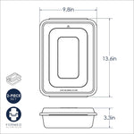 Technical line drawing of a rectangular pan and lid with dimensional callouts and icons showing a two-piece formed aluminum set