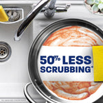 Top-down kitchen sink view with a frying pan being scrubbed and bold text overlay stating 50% less scrubbing alongside a yellow sponge