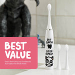 White panda-decorated electric toothbrush standing with two spare brush heads and ‘best value’ callout