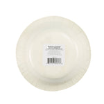Underside of a paper bowl with a white product sticker and barcode on plain pale back surface