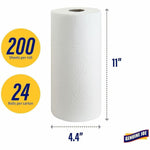 Graphic of a white paper towel roll with dimension arrows showing 11" height and 4.4" diameter plus icons stating 200 sheets and 24 rolls per carton.