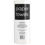 Back view of a white paper towel roll with a black “paper towels” label and small safety and barcode text