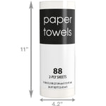 Upright paper towel roll with black label and arrows indicating 11" height and 4.2" width dimensions