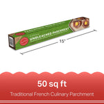 Angled view of PaperChef unbleached parchment packaging showing 15" dimension and product branding