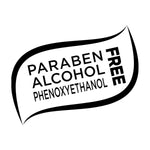 Black and white badge-style graphic stating “Paraben Alcohol Phenoxyethanol Free” used as a product claim