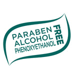 Green leaf-shaped badge reading 'PARABEN ALCOHOL PHENOXYETHANOL FREE' in teal text.