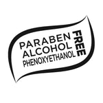 Black stylized leaf graphic reading 'Paraben Alcohol Phenoxyethanol FREE' as a product claim badge.