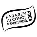 Black leaf-shaped graphic reading 'PARABEN ALCOHOL PHENOXYETHANOL FREE' in bold uppercase text