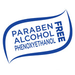 Blue stylized leaf graphic stating 'Paraben Alcohol Phenoxyethanol FREE' for product claims