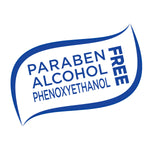 Blue stylized label graphic stating 'Paraben Alcohol Phenoxyethanol FREE' in a leaf-shaped outline on white background.