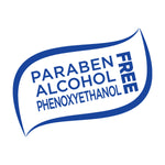 Blue stylized label reading 'Paraben Alcohol Phenoxyethanol Free' in a leaf-shaped outline