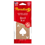 Packaged Paradise Air hanging wood air freshener with laser-cut spade design and 'Red Ice' branding on red card