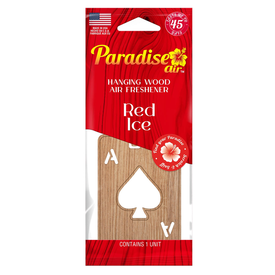 Packaged Paradise Air hanging wood air freshener with laser-cut spade design and 'Red Ice' branding on red card