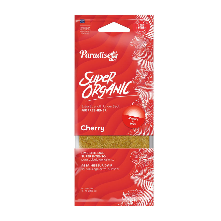 Red Paradise Air Super Organic cherry air freshener hanging pouch with visible scratch-and-sniff pad.